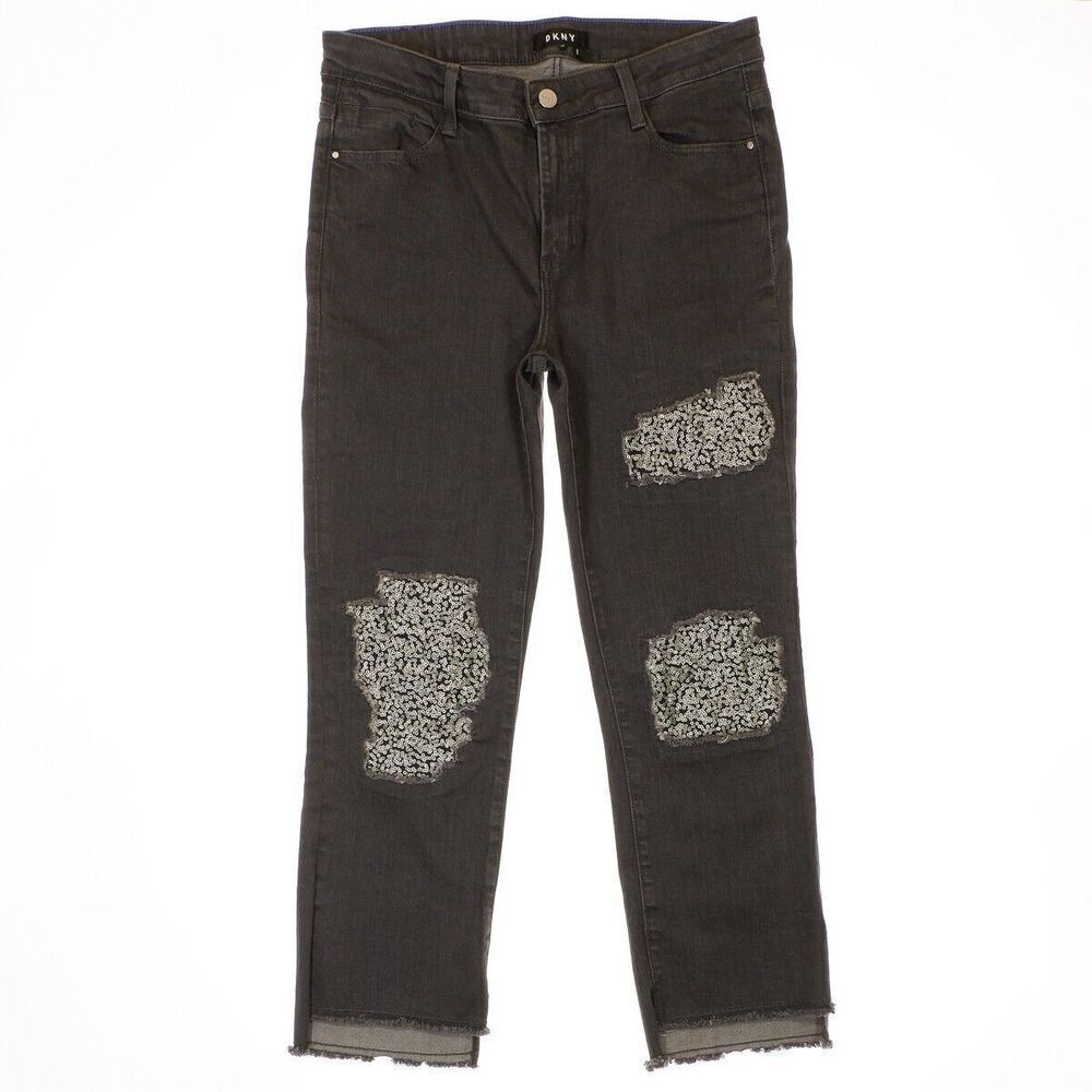 DKNY Jeans Womens Size 28 Gray Crop Sequin Patch Distress Measures 30 x 24.5
